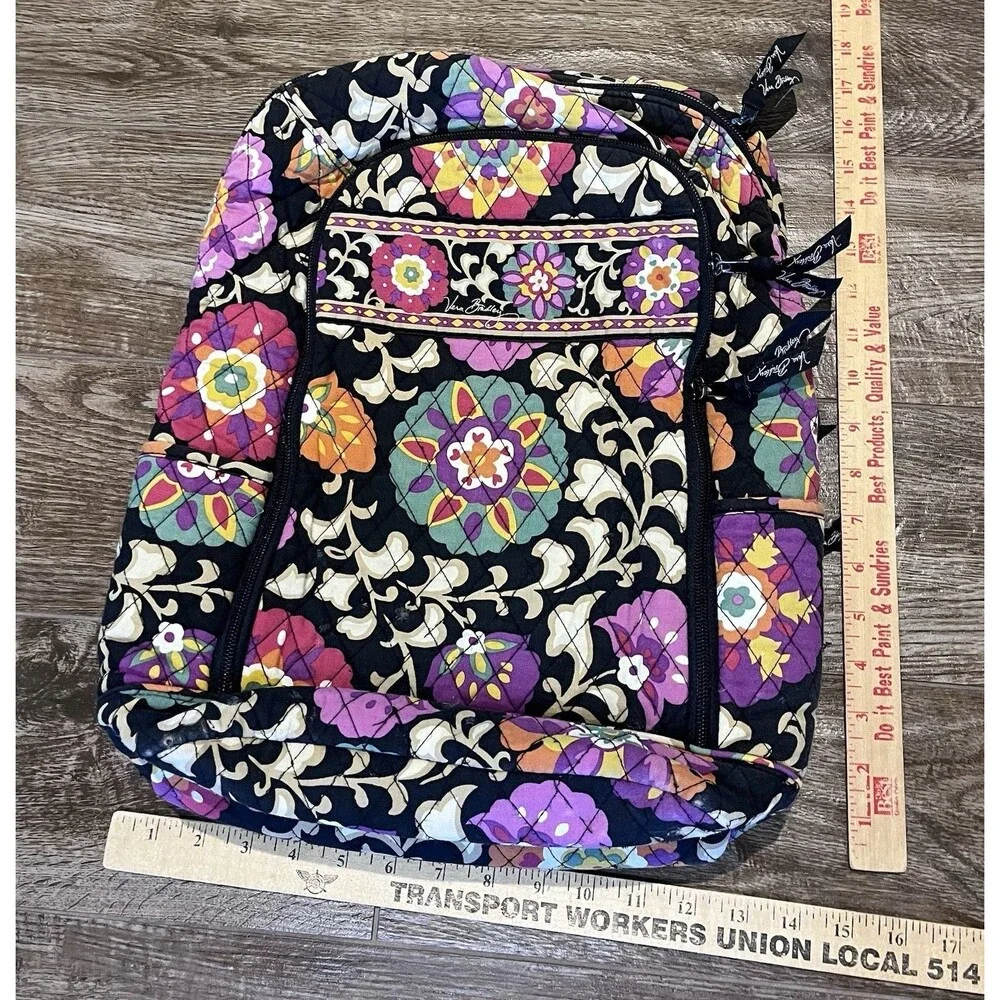 Vera Bradley Retired Suzani Floral Quilted Backpack Black Geometric Bag School